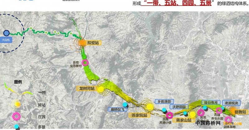 图8、昭璞绿道走向及&ldquo;一带、五站、四园、五景&rdquo;整体景观分布（摄影：邱名）