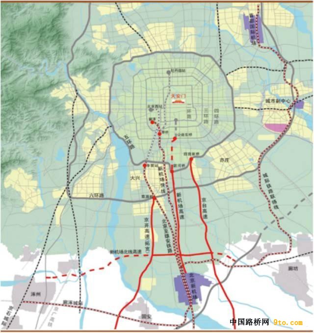 京开高速(拓宽)以及城际铁路联络线一期和大兴机场北线高速公路构成了